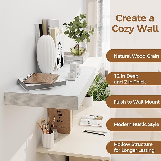 White Floating Shelves 36 Inch Long, 12 Inch Deep Floating Shelves for Wall, 36 x 12 Shelves for Wall Storage & Display, 2" Thick Floating Shelf for Bathroom, Living Room, Bedroom, Set of 2