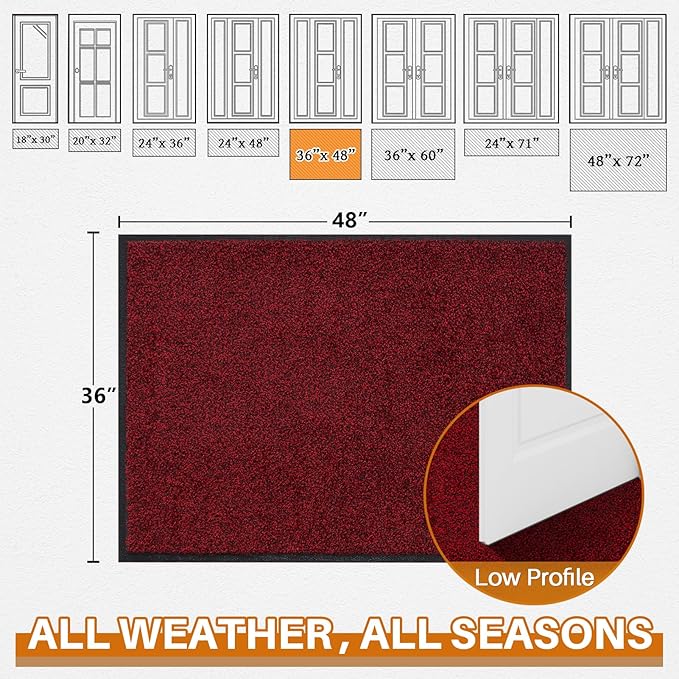 Mibao Front Door Mat, Dirt Trapper Welcome Mat for Outdoor Indoor, Non-Slip Waterproof Doormat, Durable Machine Washable Low Profile Entry Rug for Back Door Outside Patio Porch, 48" x 36", Red