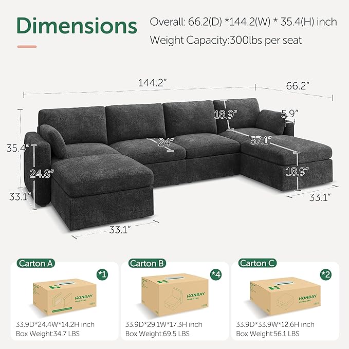 HONBAY Sectional Couch with Storage Seats, Modular Sofa with Storage Ottoman, U Shaped Sectional Couches for Living Room, Grey