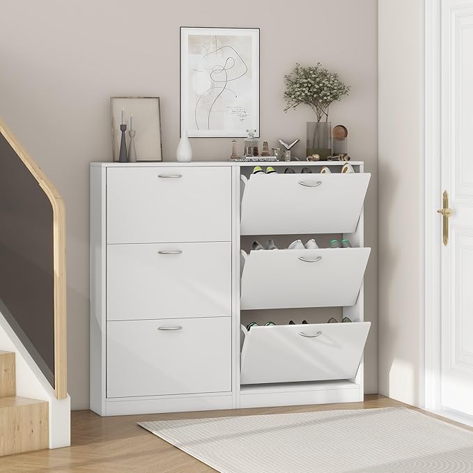 Shoe Storage Cabinet Set of 2 with 3 Flip Drawers, Narrow Shoe Cabinet Freestanding Slim Shoe Storage Organizer for Entryway, Hallway, Entrance, Bedroom, Living Room, White