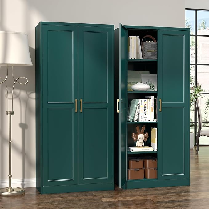 Kitchen Pantry Cabinet,71”Green Metal Pantry Storage Cabinets with Doors and 4 Adjustable Shelves,Kitchen Cabinet with 2 Gold Handles,Tall Cabinet for Livingroom, Bathroom