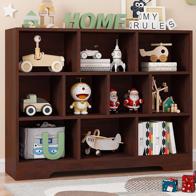 Book Shelf Set of 2, 10 Cubes Storage Organizer, 3-Tier Open Bookshelf Wooden Bookcase, Freestanding Cherry Bookshelf Cube Shelf for Living Room