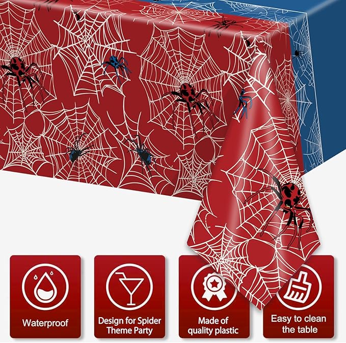 3 Pcs Spider Birthday Party Tablecloth 54 x 108 inch Plastic Table Cloth Disposable Red and Blue Tablecloth Rectangle Table Cover for Spider Birthday Party Decorations Halloween Supplies