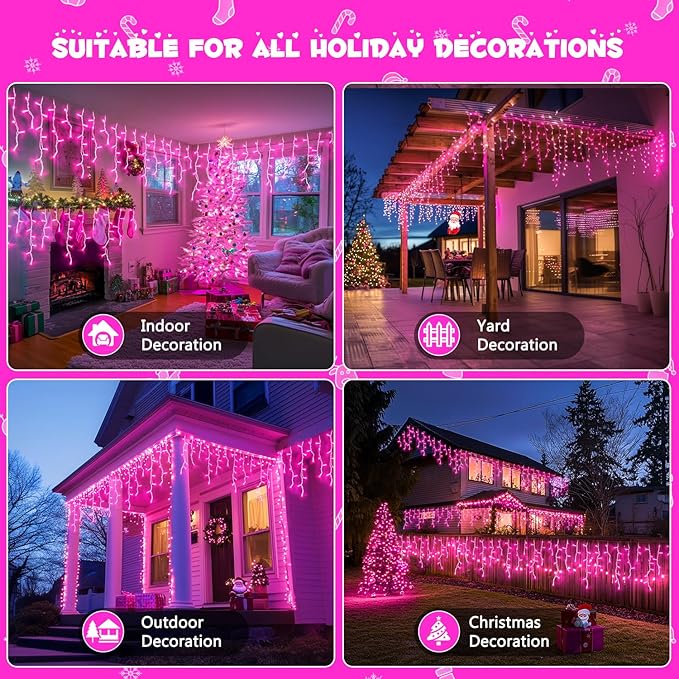 JMEXSUSS 400 LED Pink Christmas Icicle Lights, Connectable Pink Christmas Lights Indoor Outdoor with Remote, Icicle String Light for Room Fireplace Garden Eave Decorations