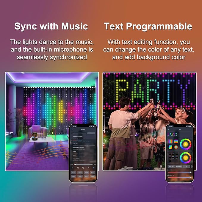 Animated Decorations Outdoor Indoor Smart Curtain String Lights Remote APP Control 3.3 x 3.3Ft 400LED RGB Color Changing Waterproof DIY Hanging Window Backdrop Fairy Light Programmable Music Sync