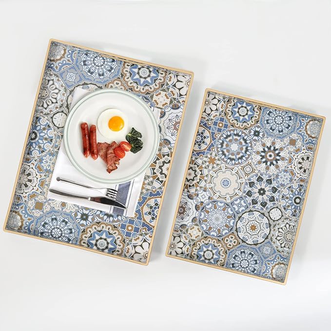2 Pcs Serving Tray with Handles Bohemian Decorative Tray Large Ottoman Trays for Living Room Blue Coffee Table Trays for Breakfast