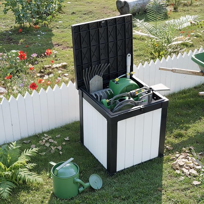 50 Gallon Deck Box Large Outdoor Storage for Patio Furniture,Outdoor Cushions,Garden Tools and Pool Supplies,Waterproof,Resin,Lockable(Black&White)