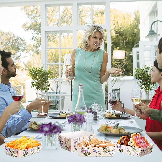 48 Pcs Wildflower Paper Food Trays Vintage Floral Nacho Boat Trays Disposable Snack Holder for Spring Birthday Flower Party Baby Shower Bridal Wedding Supplies