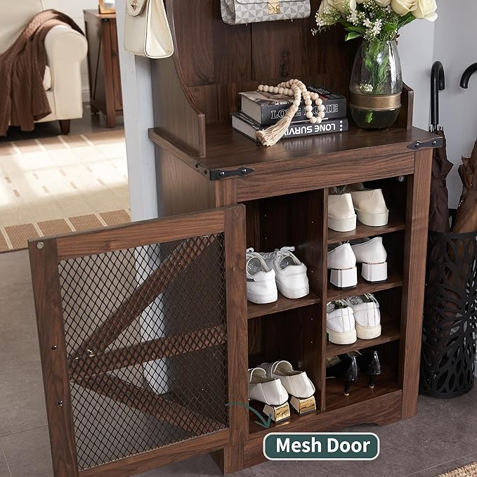 JXQTLINGMU 23" Farmhouse Hall Tree with Shoe Storage, Entryway Bench with 6 Cubbies, 5 Hooks & Barn Doors, Mudroom Coat Rack Cabinet, Brown