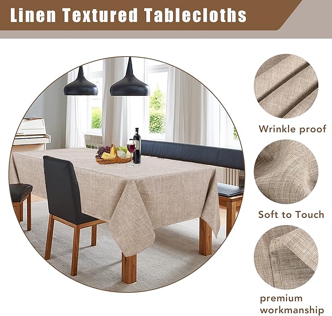 Fitable Faux Linen Tablecloth Rectangle 60 x 84 Inch - Fabric Neutral Table Cloth for 6 Foot Tables, Nature Faux Burlap Kitchen Table Cover for Dining, Party, Farmhouse, Outdoor Picnic, Camping