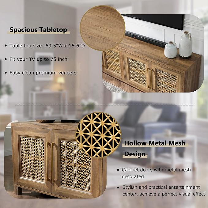 JYED Mid Century Modern TV Stand for TVs up to 75 Inch, with Hollow Metal Mesh Decorated，Boho TV Console with Storage Cabinet,Cable Holes, TV Stand for Living Room, 69.5"x15.6"x24.8", Rustic