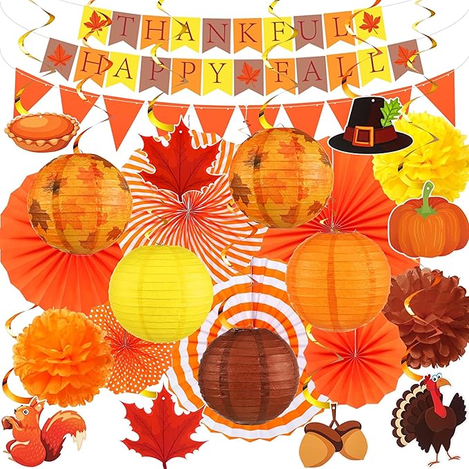 28 Pcs Fall Party Decoration Thanksgiving Party Supplies Include Thankful Happy Fall Banner Autumn Paper Lanterns Pom Pom Hanging Fans Bunting Garland Swirl Streamers for Thanksgiving Harvest