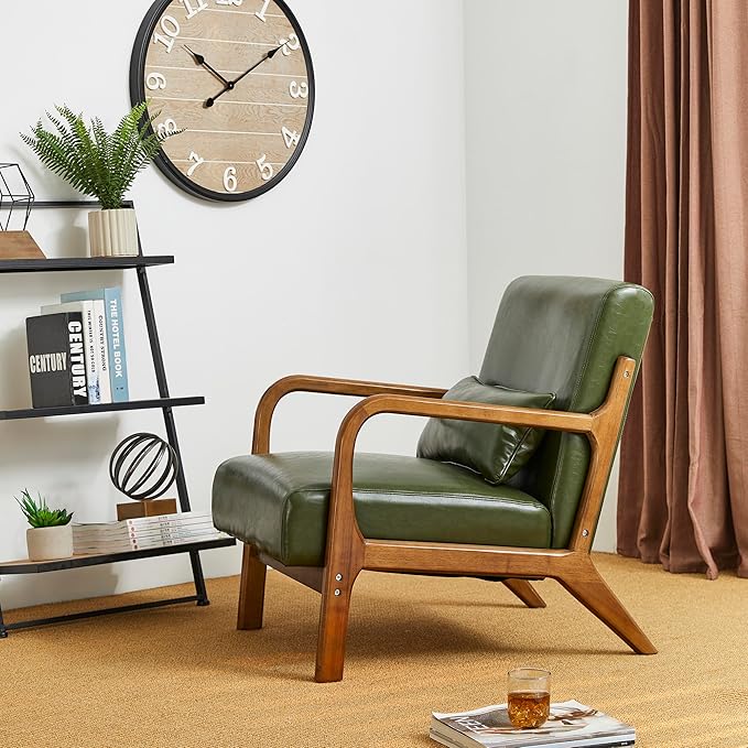 Glitzhome 2 Set Mid Century Hunter Green Accent Armchair, Single Reading Armchair PU Leather Lounge Chair with Walnut Ruberwood Frame