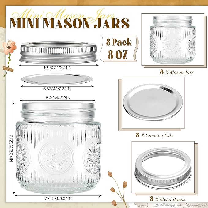 Mason Jars 8 oz - Vintage Small Glass Mason Jars with Silver Metal Lids, Regular Mouth Canning Jars, Safe For Storage, Canning, Pickling, Preserving, Fermenting, DIY Crafts & Decor (8Pack)