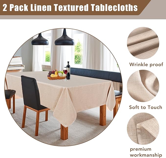 Fitable Faux Linen Beige Table Clothes Rectangle 60 x 120 Inch - 2 Pack Neutral Tablecloths for Standard 8-Seater Rectangular Dining Table(5 ft ?2.5 ft) for Dining, Party, Farmhouse, Banquet, Buffet