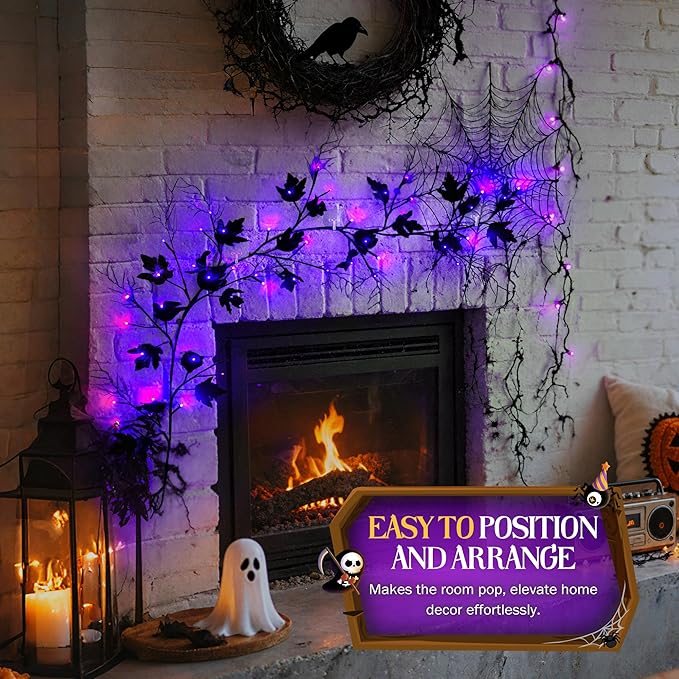 Halloween Lighted Willow Vine Twig Decoration, 6.56 FT Light up Garland Battery Operated with Purple LED Lights, 8 Modes and Timer, 12 Bat and Ghost Ornaments, 4 Adhesive Hooks