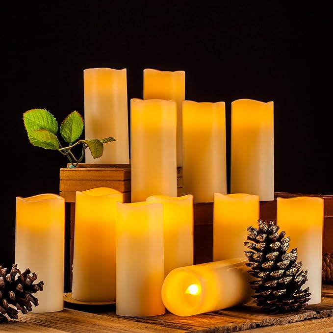 Flameless Candles Flickering LED Candles Set of 12 (D:2.2" X H:5") Ivory Real Wax Pillar Battery Opeated Candles with 10-Key Remote and Cycling 24 Hours Timer