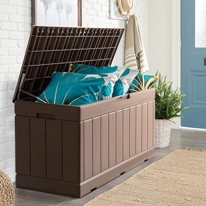JUMMICO 83 Gallon Outdoor Deck Box Large Resin Storage Box for Patio Furniture Cushions and Garden Tools (Khaki)