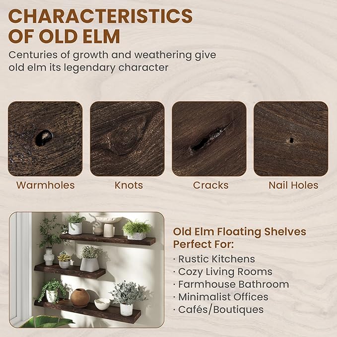 55" Floating Shelves, Live Edge Elm Wood Floating Shelf for Wall, Wall-Mounted Display Shelves with Invisible Heavy-Duty Bracket, Long Floating Shelf for Bathroom, Kitchen, Living Room, Walnut Color