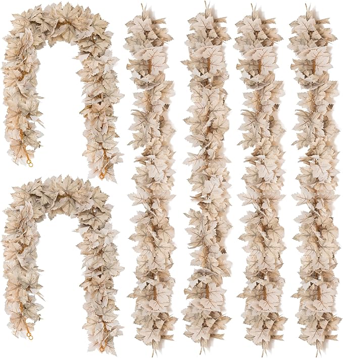 6PCS Beige Fall Maple Leaves Garland, 5.6Ft Artificial Maple Leaf Autumn Garland Hanging Fall Vines Table Decorations Front Door Fall Decor Thanksgiving Decorations Decor Outside Indoor Decor