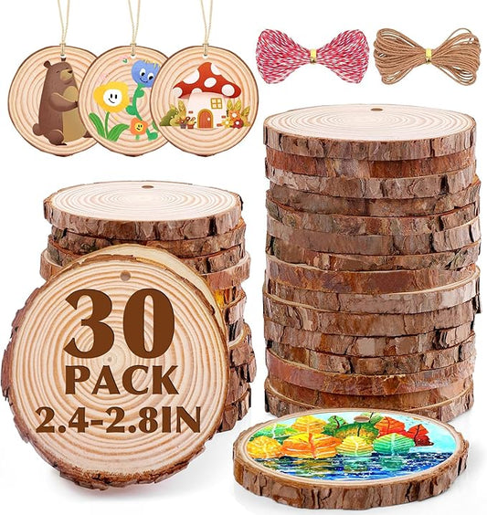 30 Pack Wood Slices for Crafts,2.4-2.8In Unfinished Natural Wood Rounds with Tree Bark.Wood Circles Predrilled with Hole and 20m Rope for Centerpiece Table Decorations,Christmas Ornaments,DIY Gifts