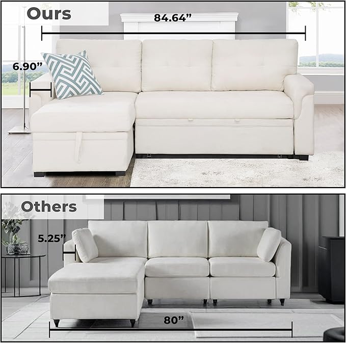 Naomi Home L-Shaped Reversible Sectional Sofa with Pull-Out Sleeper Bed and Storage Chaise, Cream Velvet