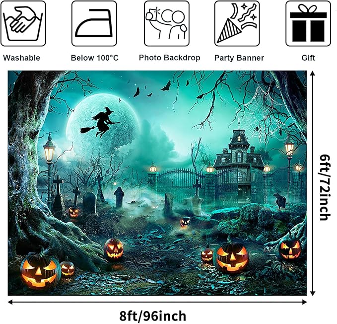 Avezano Halloween Photography Backdrop Full Moon Scary Night Castle Pumpkins Party Background Spooky Witch Bats Cemetery Child Kids Halloween Party Decorations Photoshoot Backdrops (8x6ft, Green)