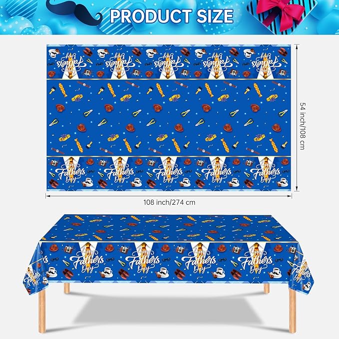 2 Pack Fathers Day Tablecloth - Happy Father's Day Table Cloth, Plastic Disposable Rectangle Blue Father Day Table Cover for Fathers Day Decorations Party Decor Supplies Favors,108 x 54 Inch