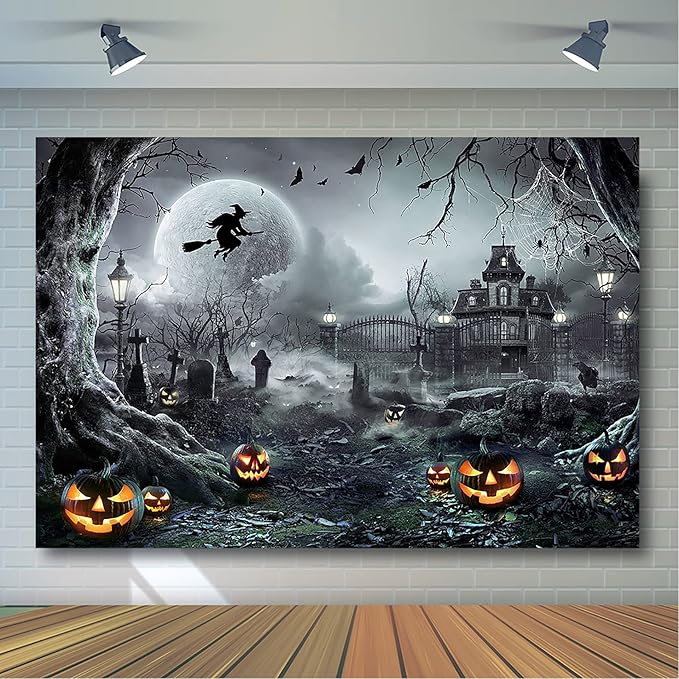 Avezano Halloween Photography Backdrop Full Moon Scary Night Castle Pumpkins Party Background Spooky Witch Bats Cemetery Child Kids Halloween Party Decorations Photoshoot Backdrops (8x6ft, Gray)