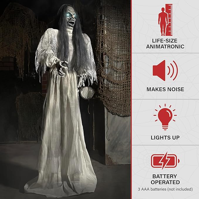 Haunted Hill Farm Lifesize Scary Haunted Woman Halloween Prop with Touch Activated Lights and Sound, Battery-Operated Indoor or Covered Outdoor Halloween Decoration