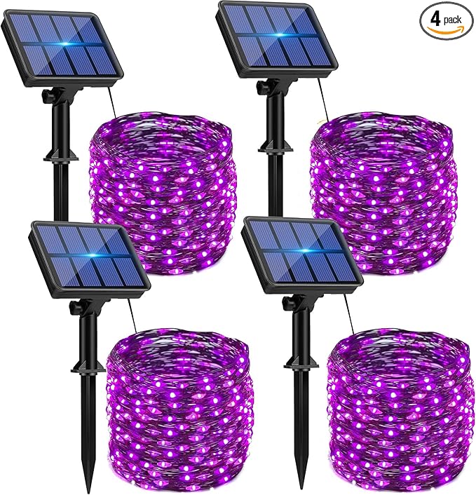 4 Pack Solar String Lights Outdoor - 320LED 132FT Halloween Solar Fairy Lights Outside Waterproof, 8 Modes Purple Solar Powered Twinkle Lighting Decorations for Tree Garden Yard Spooky Patio Party