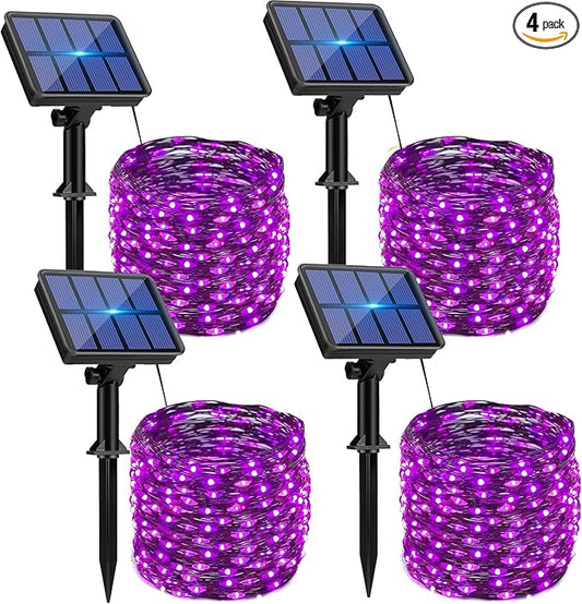 4 Pack Solar String Lights Outdoor - 320LED 132FT Halloween Solar Fairy Lights Outside Waterproof, 8 Modes Purple Solar Powered Twinkle Lighting Decorations for Tree Garden Yard Spooky Patio Party