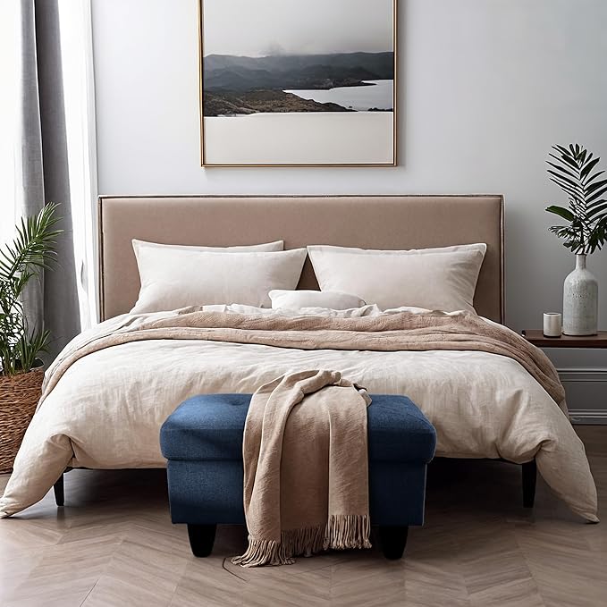 Ottoman Rectangular Storage Ottoman Bench, Flannel Footrest Stool Footstool with Lid for Living Room, Bedroom, Entryway, Blue, 28.5"x19"x17.5"