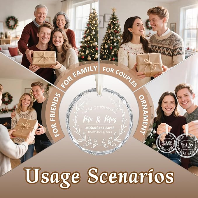 First Christmas Married Ornament 2025, Custom Wedding Crystal Glass Ornament with Photo, Name or Date, Personalized Wedding or Bridal Shower Gifts for Newlyweds