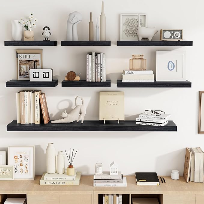 16 Inch Floating Shelves, 16"x9.25"x1.5" Inch Deep Floating Shelves for Wall, Wooden Shelves for Bathroom, Bedroom, Living Room, Black