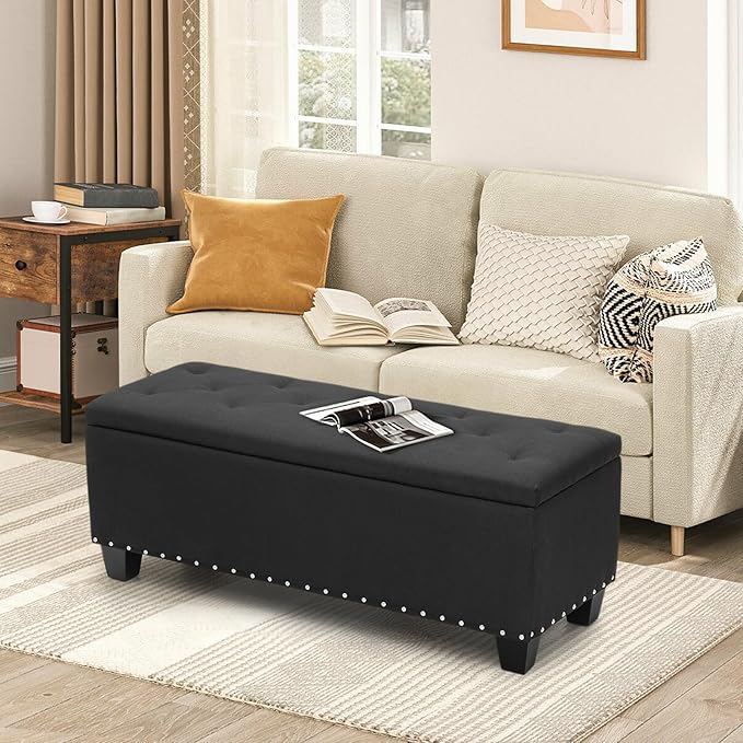 MoNiBloom 42 Inch Long Ottoman with Storage, Black Linen Foot Stool Upholstered Foam Padded Rectangular Fabric Tufted Bench Footrest for Living Room Bedroom Entry with 300 Lbs Capacity