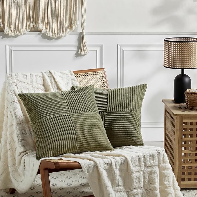 Fancy Homi 2 Packs Olive Green Samll Decorative Throw Pillow Covers 14x14 Inch with for Couch Bed Sofa, Rustic Farmhouse Boho Home Decor, Soft Corss Patchwork Corduroy Square Cushion Case 35x35 cm