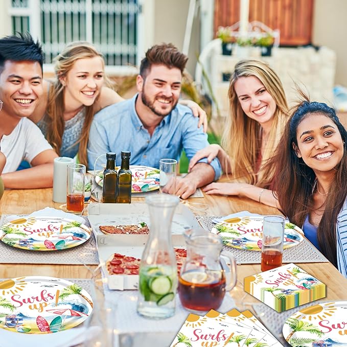 40 Pcs Summer hawaiian Party Dessert Plates and Napkins Sets pool party plates surf up 9" Paper Plates and 6.5" Napkins Party Supplies Tableware Decoration For Birthday Picnic