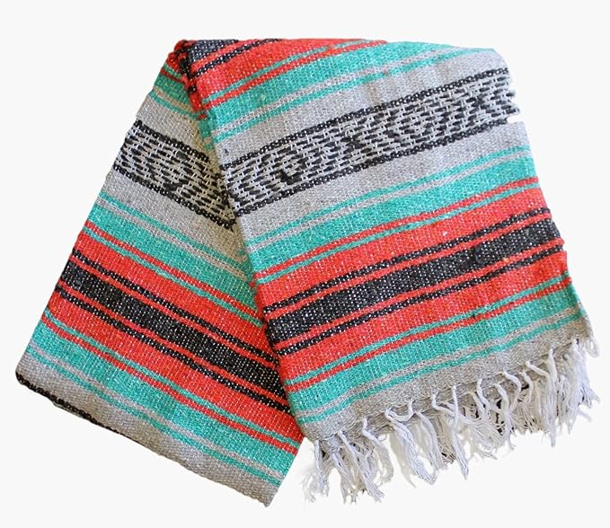 Del Mex Classic Mexican Blanket, Large Authentic Woven Falsa Throw (70"x50"), Artisan Southwest Décor for Beach, Yoga, Outdoors (Mint/Orange/Gray)
