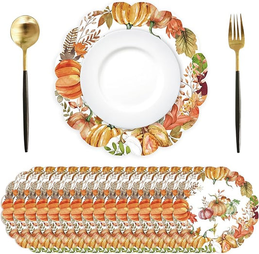 50Pcs Fall Round Paper Placemats,13.4 Inch Autumn Pumpkin Round Table Mats Fall Oval Scalloped Disposable Placemats for Harvest Birthday Thanksgiving Party Supplies