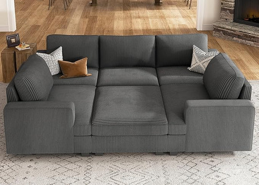 Nolany Modular Sectional Couch with Storage Ottoman, Corduroy Sleeper Sectional Sofa with Chaise, Sectional Couches for Living Room, Dark Grey