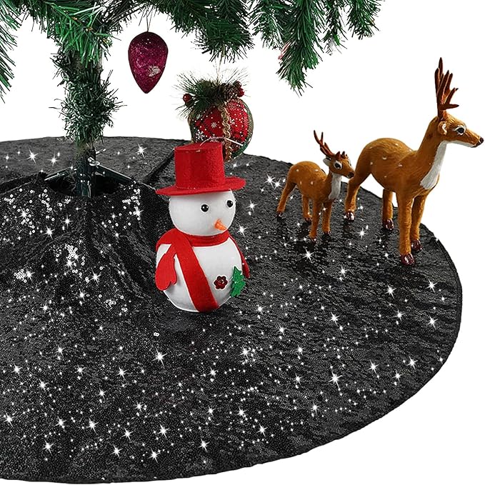 Eternal Beauty Christmas Tree Skirt, 36 Inch Black Halloween Sequin Tree Skirt Small Xmas Tree Skirt for Christmas Tree Decorations