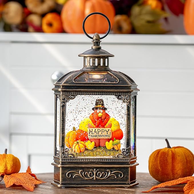 10.5'' Fall Snow Globe Lantern - Thanksgiving Glittering Lighted Water Lantern, Fall Decorations Autumn Harvest Day Gifts, Home Fall Halloween Decor (Turkey & Pumpkins)