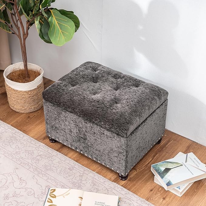 Joveco Storage Ottoman Bench, Rectangle 24" Velvet Foot Rest Stool Square Footstool for Living Room, Bedroom, Charcoal Grey