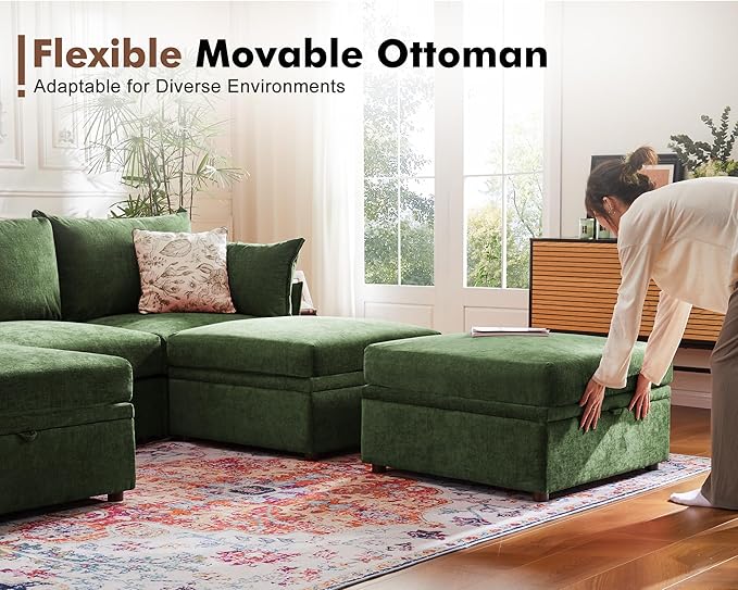 102.6" Luxury Modular Sleeper Sofa Bed 6 Seat Reversible Sectional Couch Deep Seat with Storage Chaises Removable Cover for Living Room, Apartment - Chenille Green