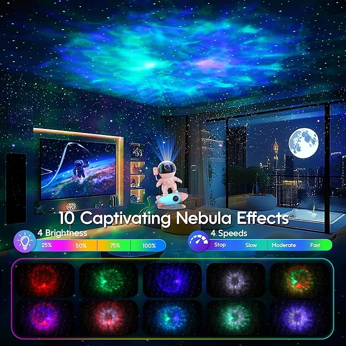 FlyEagle Astronaut Galaxy Projector, Star Nebula Projector with Rocket Lamp, Night Lights LED Star Projector for Bedroom, Remote Control, White Noises, Bluetooth Speaker for Bedroom