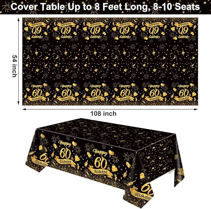 3 Pack 60th Birthday Tablecloth, Plastic Black Gold Table Cloths 60th Birthday Table Cover, Disposable Rectangle Table Cloths for Birthday Party Decorations, 54x108
