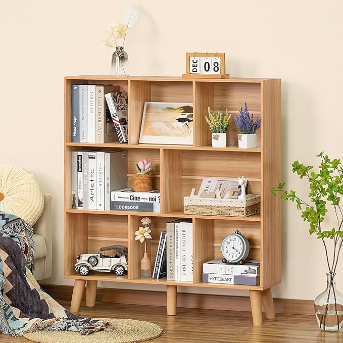 LEYAOYAO Wooden 5 Cube Bookshelf, Natural 3 Tier Book Shelf with Legs, Modern Open Storage Organizer,Boho Bookcase,Display Cabinet Shelf Free Standing Bookshelves for Bedroom,Living Room,Study