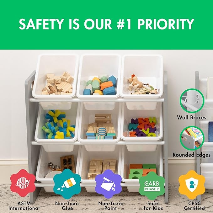 Humble Crew 9-Bin Toy Organizer – Inspire Grey with White Plastic Bins, 3-Tier Storage Solution for Kids' Playrooms and Nurseries