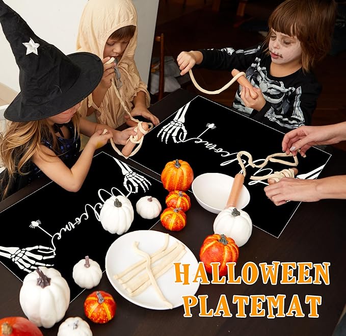 Halloween Skeleton Placemats Set of 4, 12x18 Inch Welcome Decorative Table Mats, Washable Heat Resistant Place Mats for Kitchen Dining Table, Spooky Themed Decoration for Home-B12